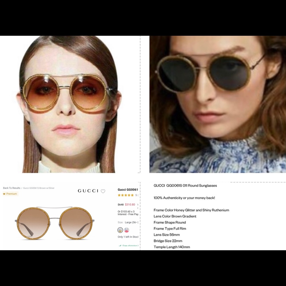 GUCCI UNISEX GOLD GLITTER ROUND SUNGLASSES, 2024 FASHION STATEMENT IS ROUND - Picture 14 of 16